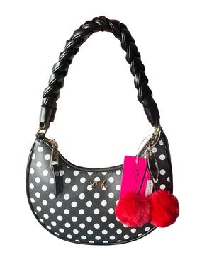 Betsey Johnson Black & White Polka Dot Small Shoulder Bag with Red Pom Pom Charm